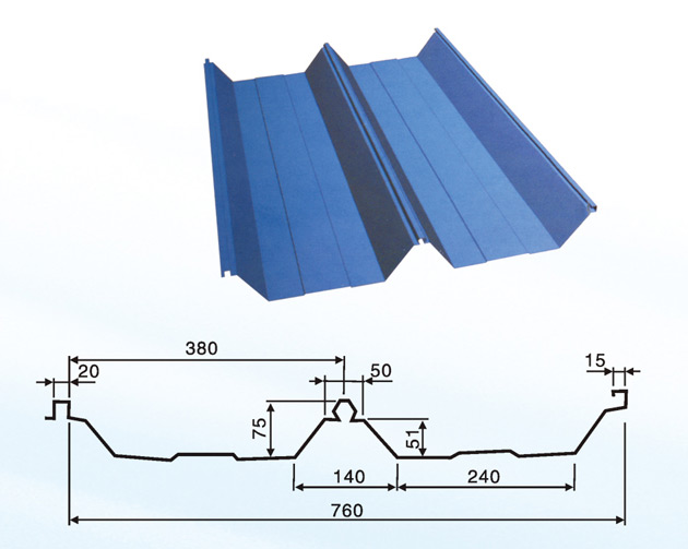　　該板型是國際最流行的屋面用板，特點為扣式加咬邊自鎖聯(lián)接件全部隱藏安裝，整個屋面無一螺釘外露。安裝快捷方便，有很好的截面特性，壽命比普通壓型鋼板提高2倍以上，絕無滲漏，適用于所有屋面，是近幾年來主要的換代產(chǎn)品。配上起拱成型機，可生產(chǎn)帶骨架式拱型屋面體系。